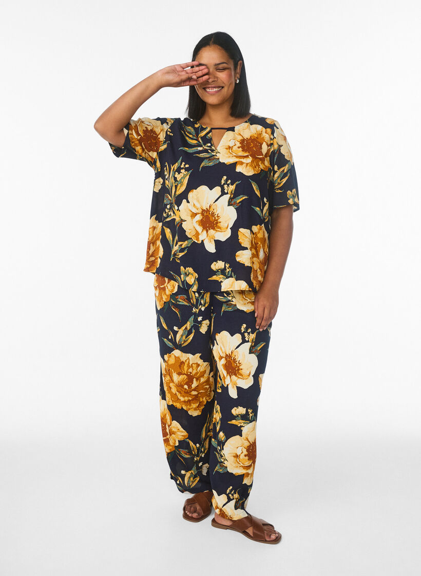 Short sleeve viscose blouse with print, Blue, Model image number 1