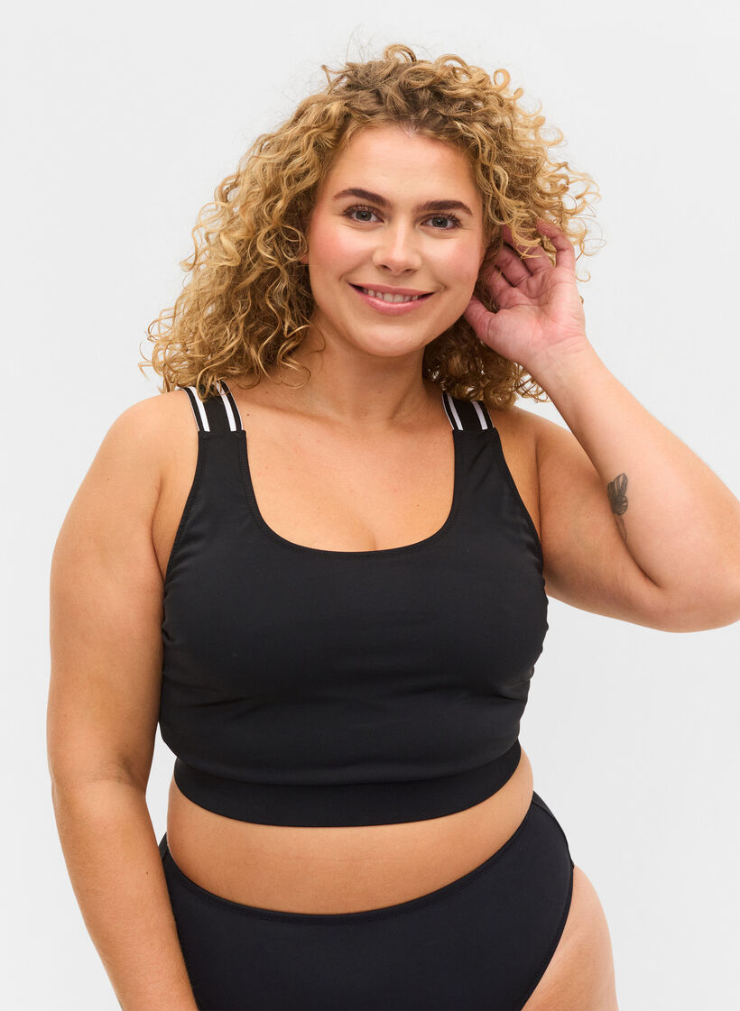 Bikini top with striped shoulder straps, Black, Model image number 0