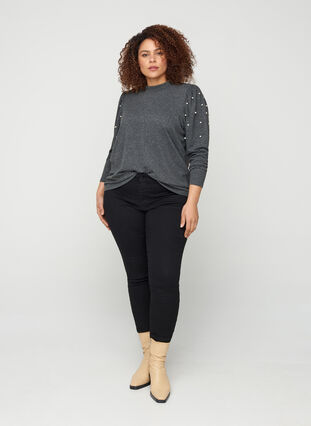 Marled blouse with pudd sleeves and pearls, Dark Grey Melange, Model image number 3