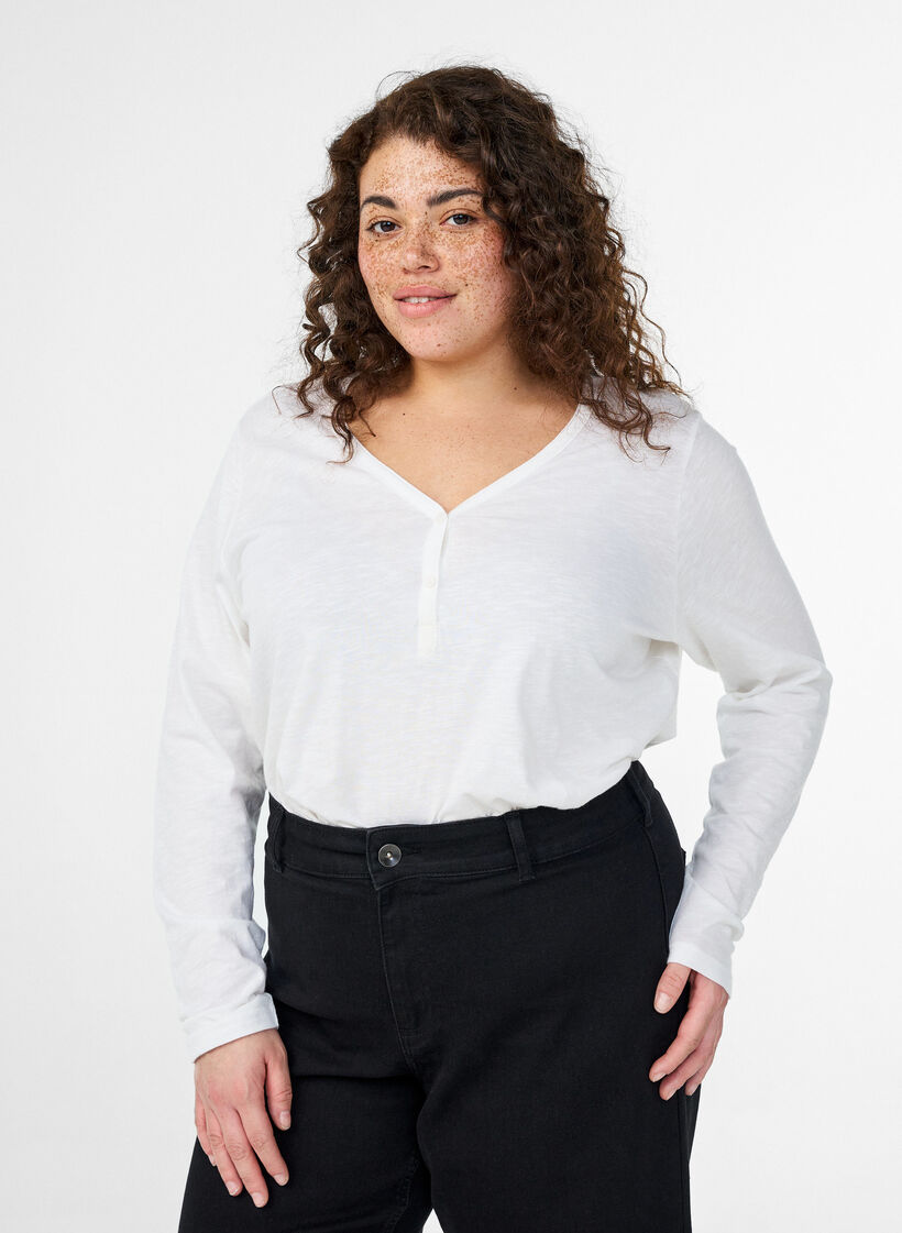 Long-sleeved t-shirt with V-neck and buttons, White, Model image number 0