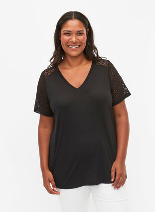 T-shirt with lace sleeves, Black, Model image number 0