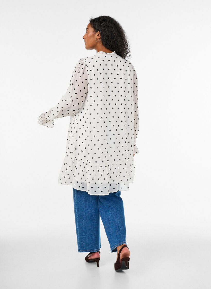 Viscose dress with ruffles and sheer sleeves, White, Model image number 2