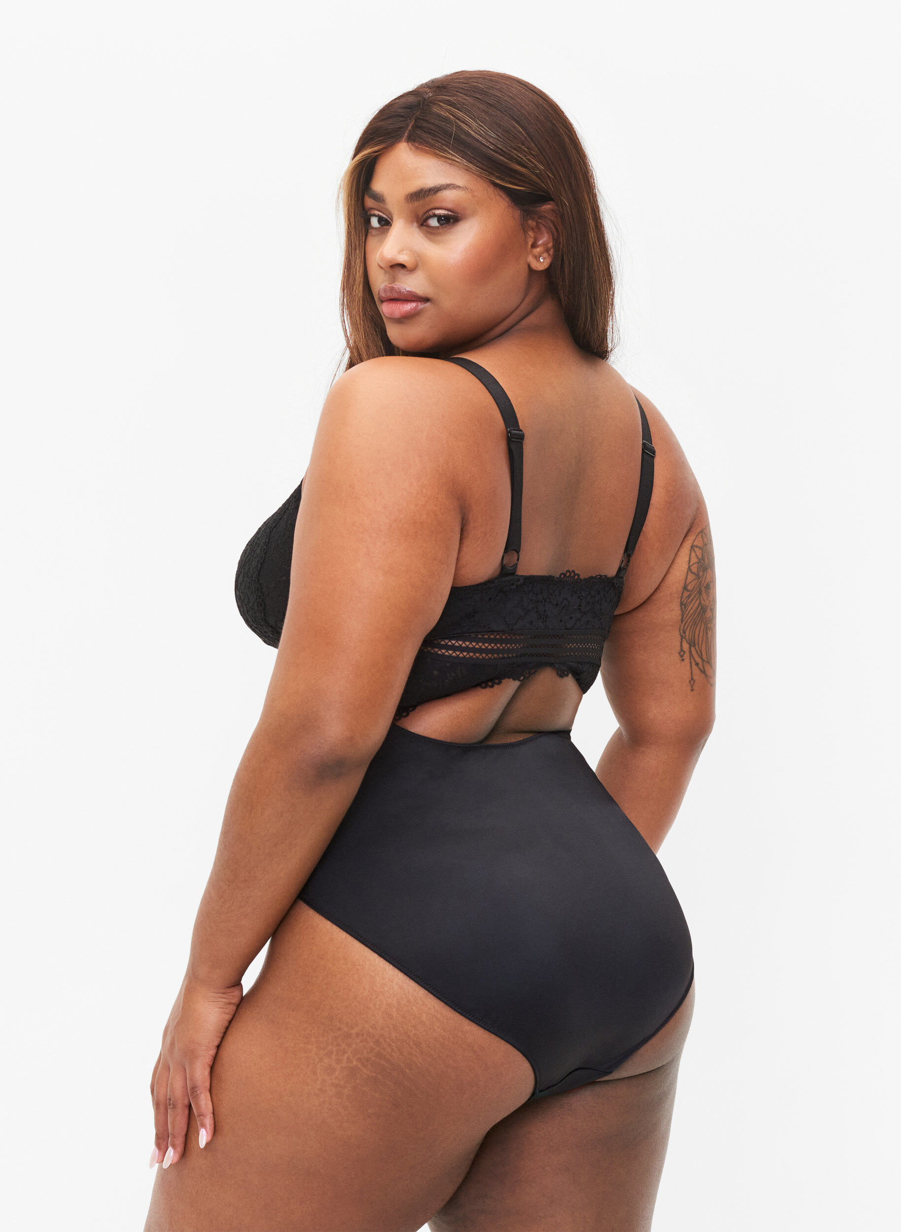 Zizzifashion Bodystocking with lace and cut-outs, Black, Model image number 1