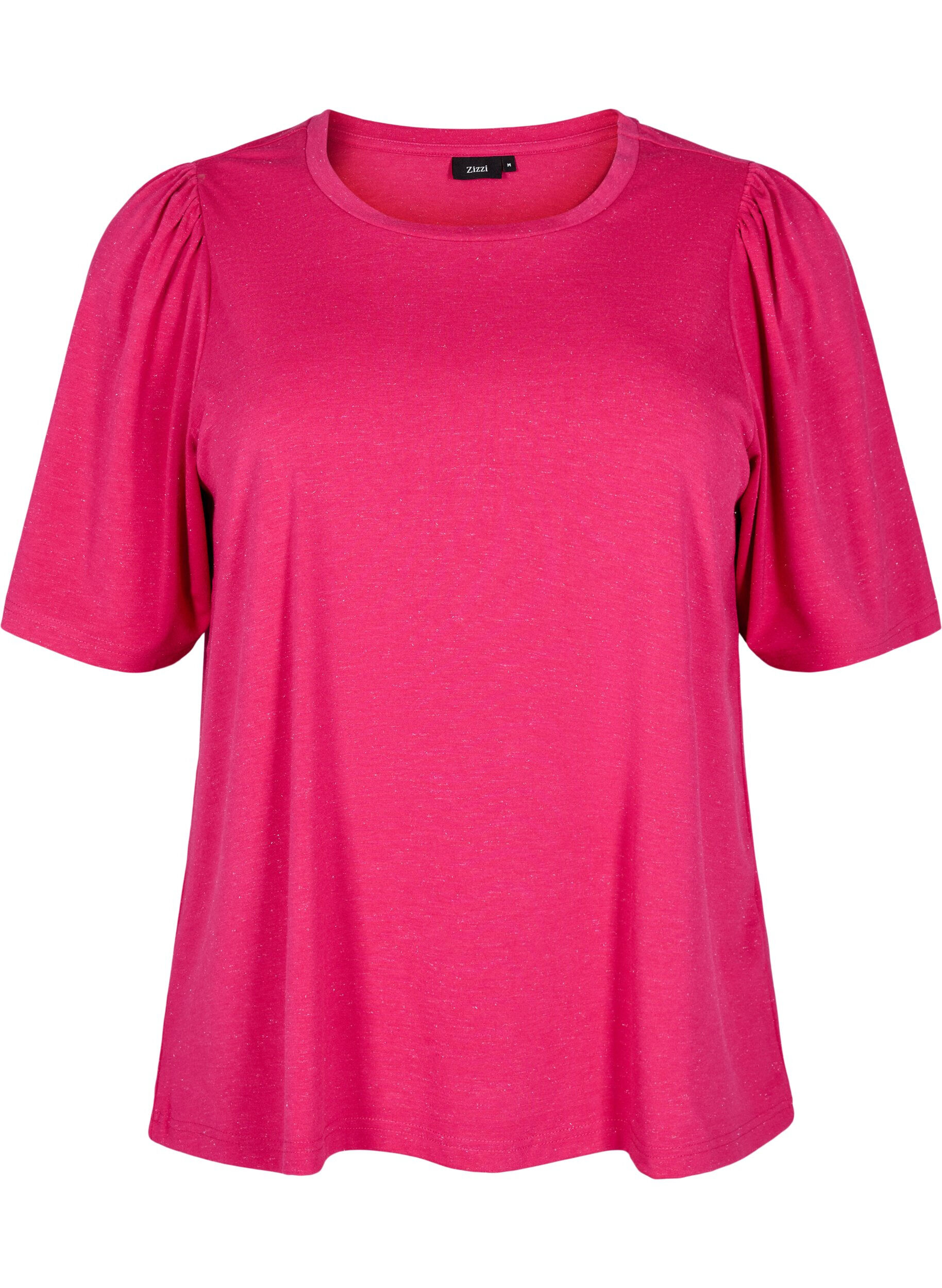 Zizzifashion T-shirt with glitter and short puff sleeves, Pink, Packshot image number 0