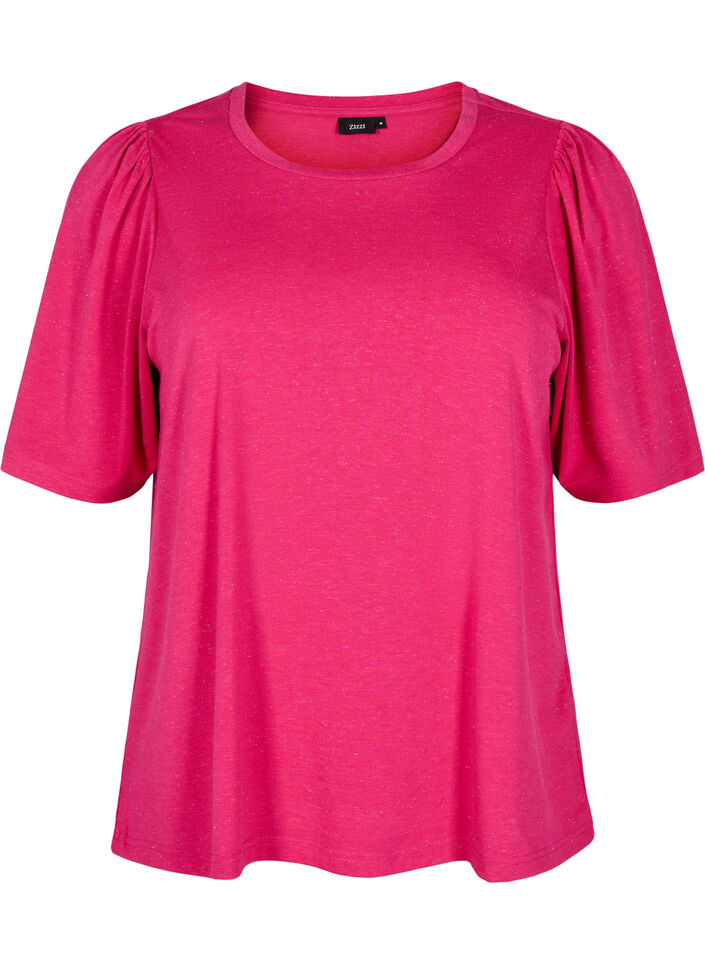 T-shirt with glitter and short puff sleeves, Pink, Packshot image number 0