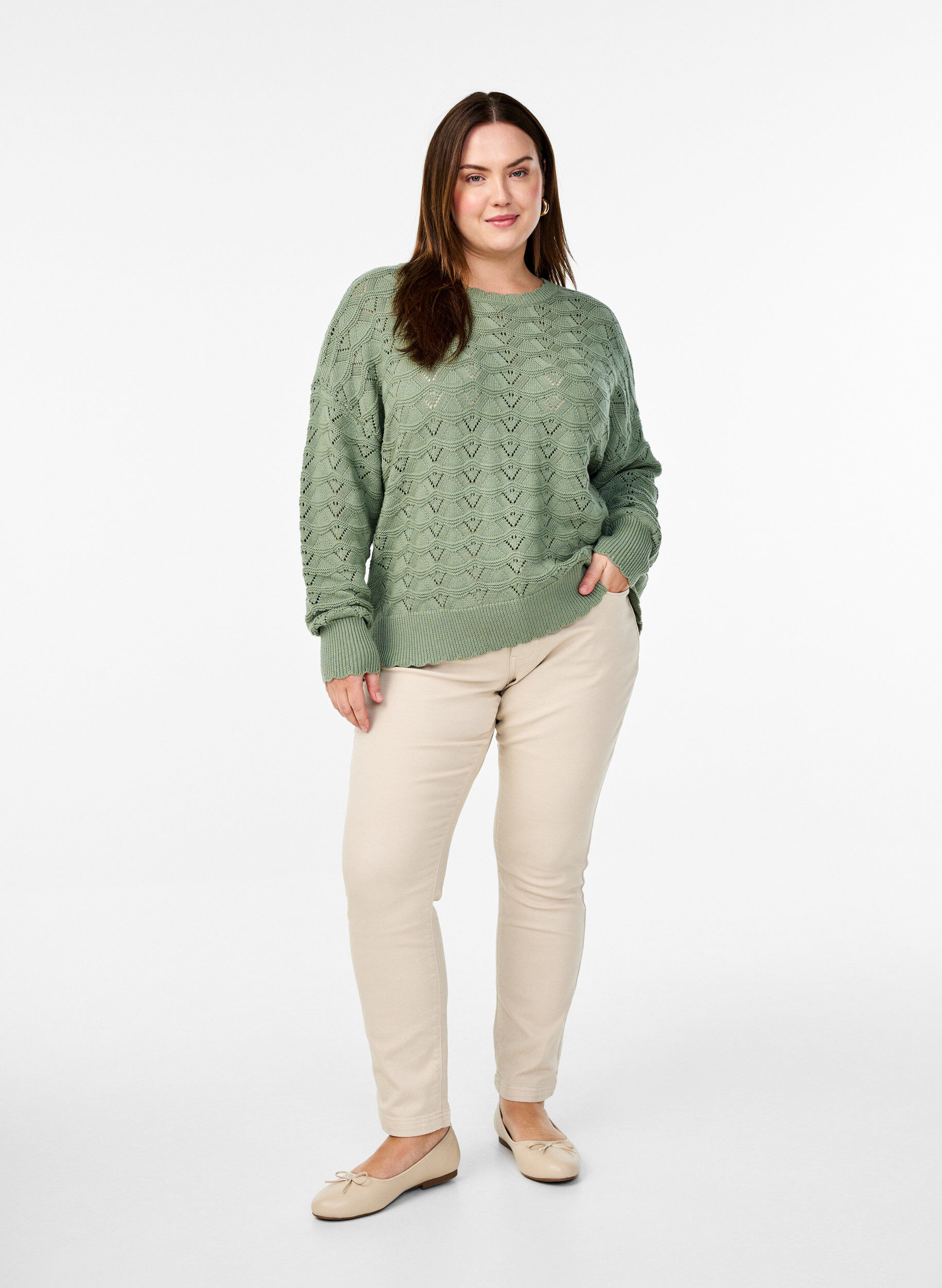 Zizzifashion Long-sleeved knit blouse with an openwork pattern, Green Bay, Model image number 2