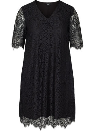 Short-sleeved v-neck lace dress, Black, Packshot image number 0