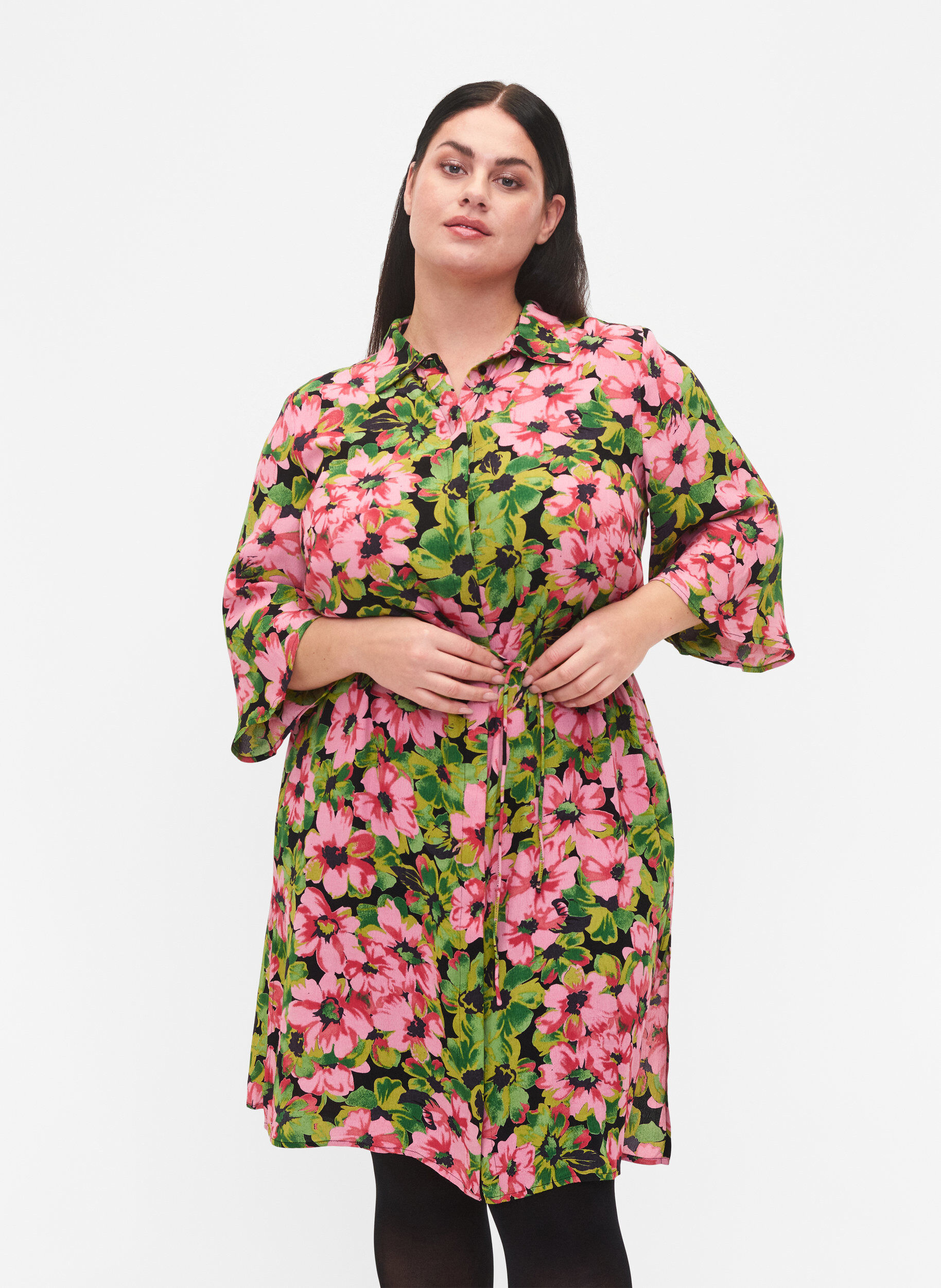 Zizzifashion 	 Viscose shirt dress with floral print, Pink G. Flower AOP, Model image number 0