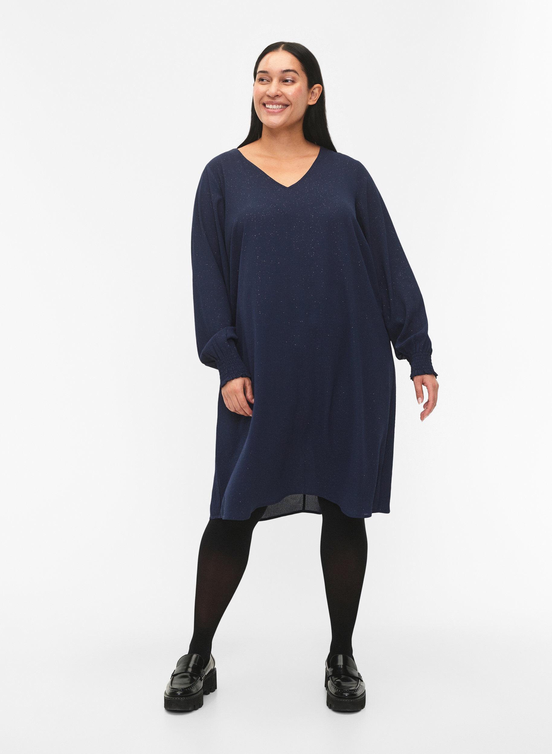 Zizzifashion FLASH - Long sleeve dress with glitter, Navy w. Gold , Model image number 2