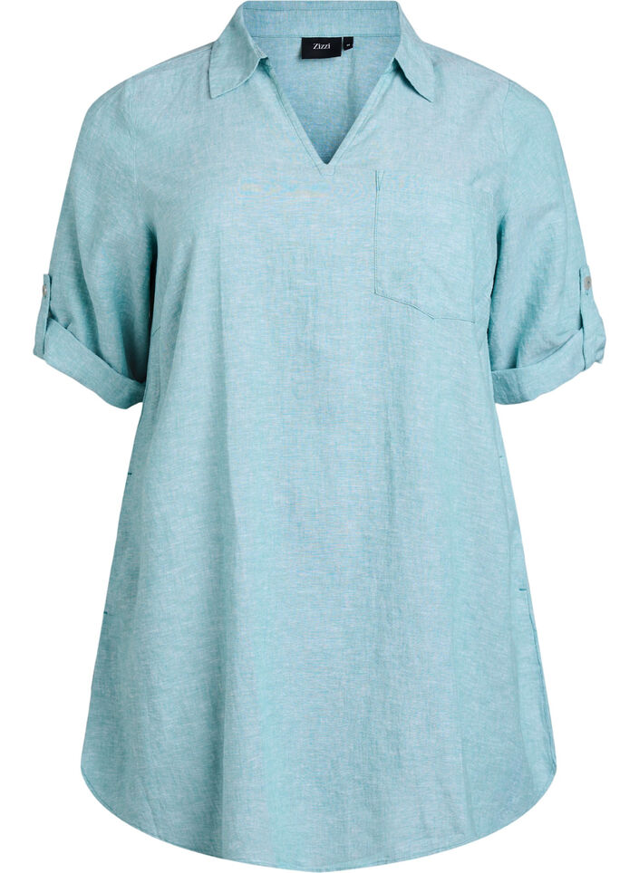 Linen and viscose tunic with A-shape, Green, Packshot image number 0
