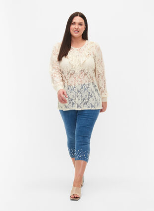 Lace top with frill detail, Off White, Model image number 2
