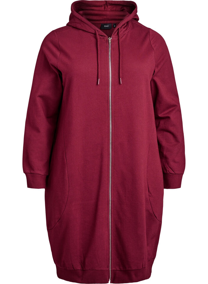 Long cotton sweat cardigan with hood, Dark Bordeaux, Packshot image number 0