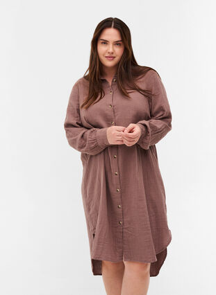 Long cotton shirt with a classic collar, Deep Taupe, Model image number 0