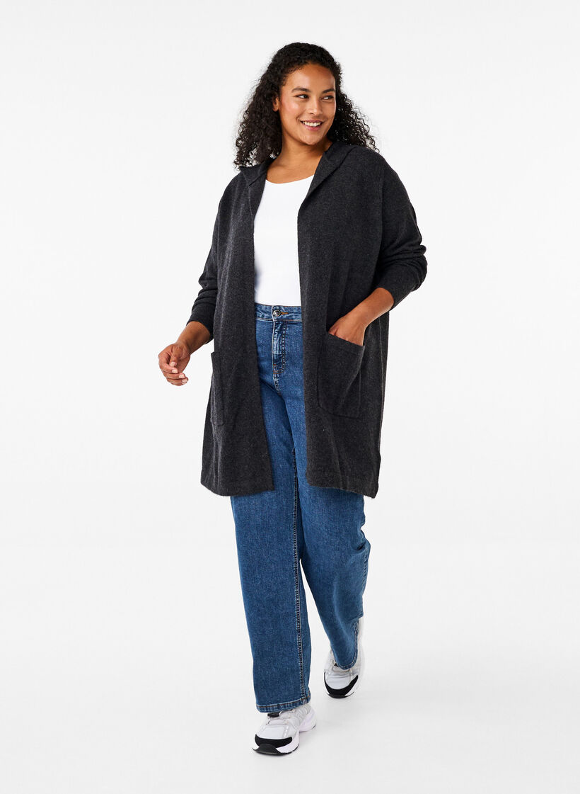 Long knitted cardigan with wool and hood, Dark Grey Melange, Model image number 2