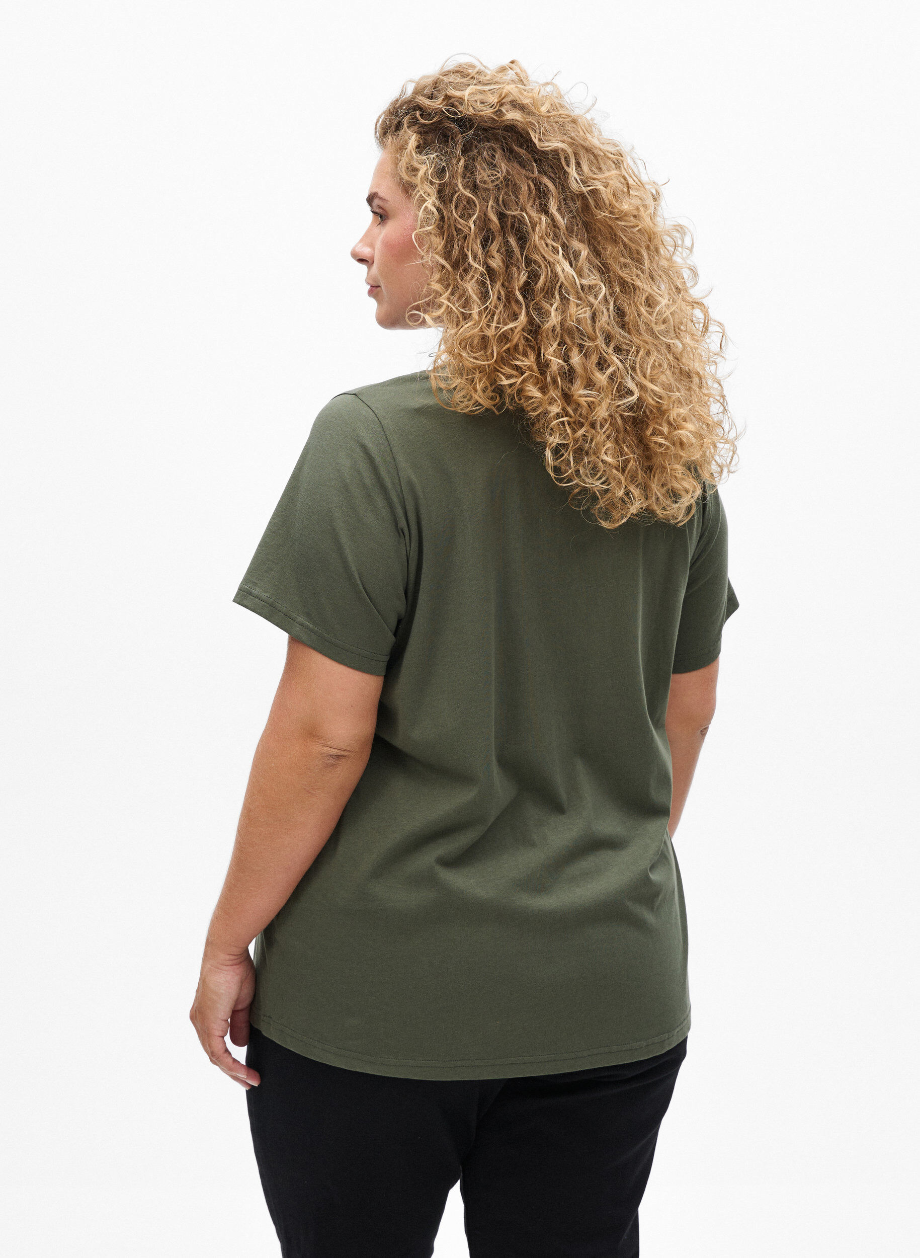 Zizzifashion Basic cotton T-shirt with a V-neck, Green, Model image number 2
