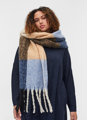 Knitted scarf with fringe, Brown Blue, Model image number 1