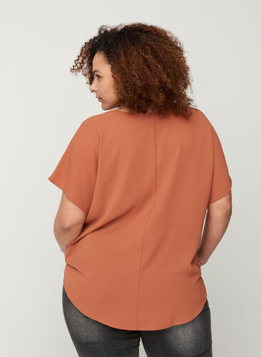 Blouse with short sleeves and a round neckline, Copper Brown, Model image number 1