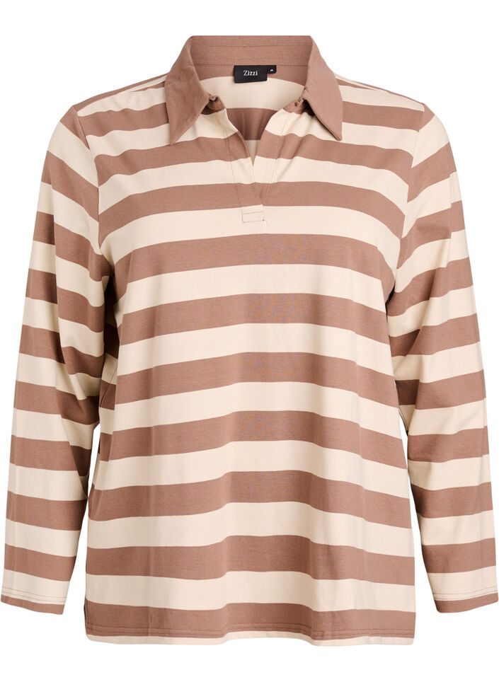 Long-sleeved polo shirt with wide stripes, Brown, Packshot image number 0
