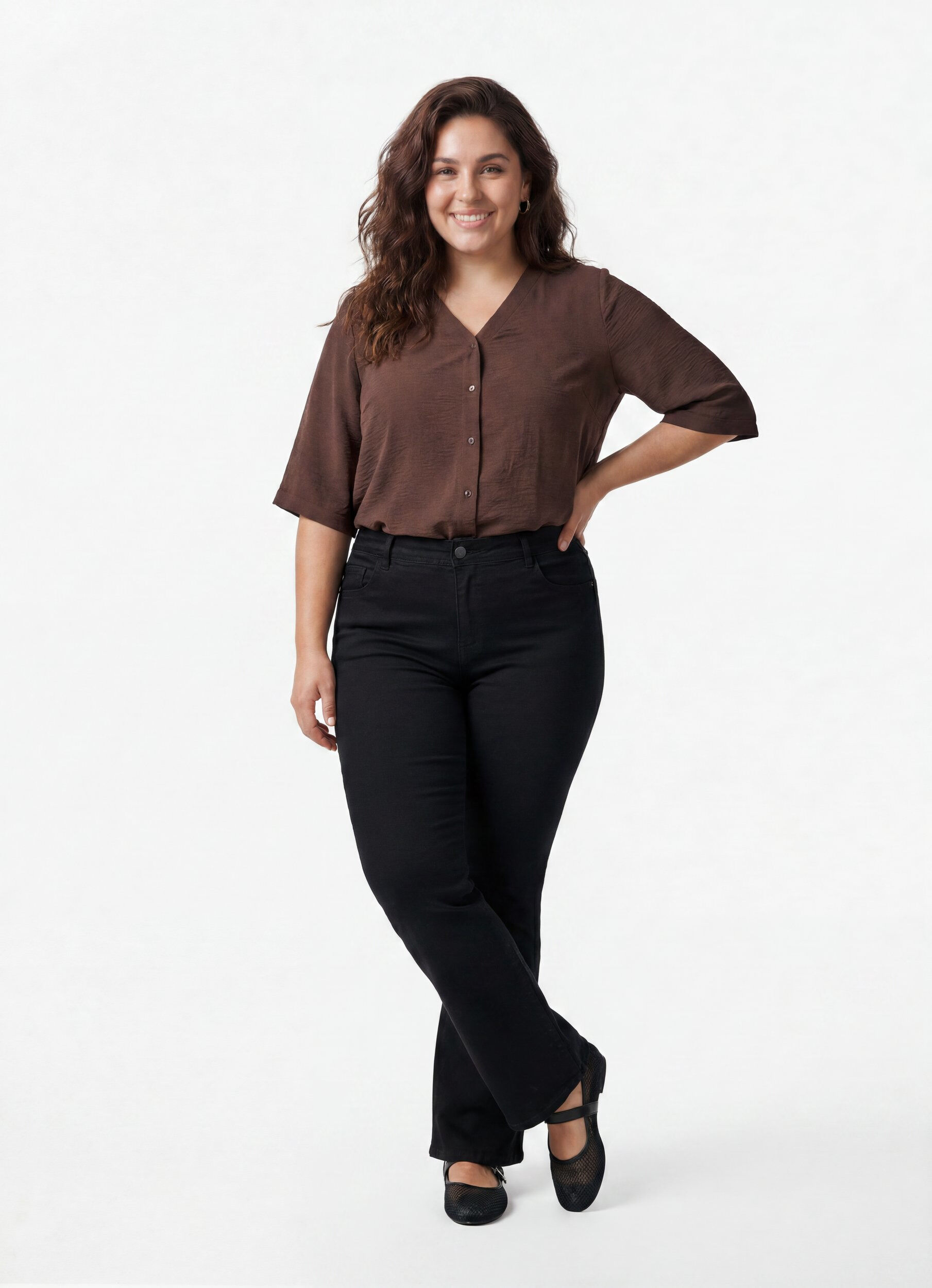 ZizzifashionShirt blouse with V-neck and 3/4 sleeves, Brown, Model image number 1