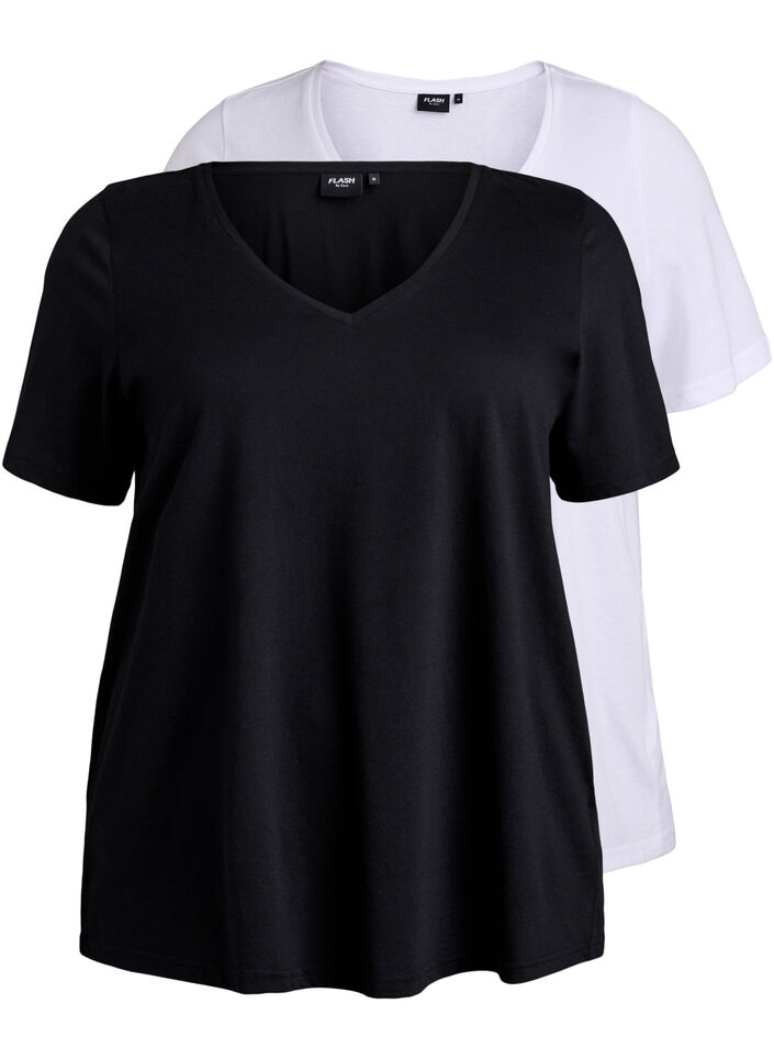 2-pack t-shirts with v-neck, Black, Packshot image number 0