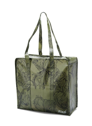 Shopping bag with zipper, Green Flower AOP, Packshot image number 1
