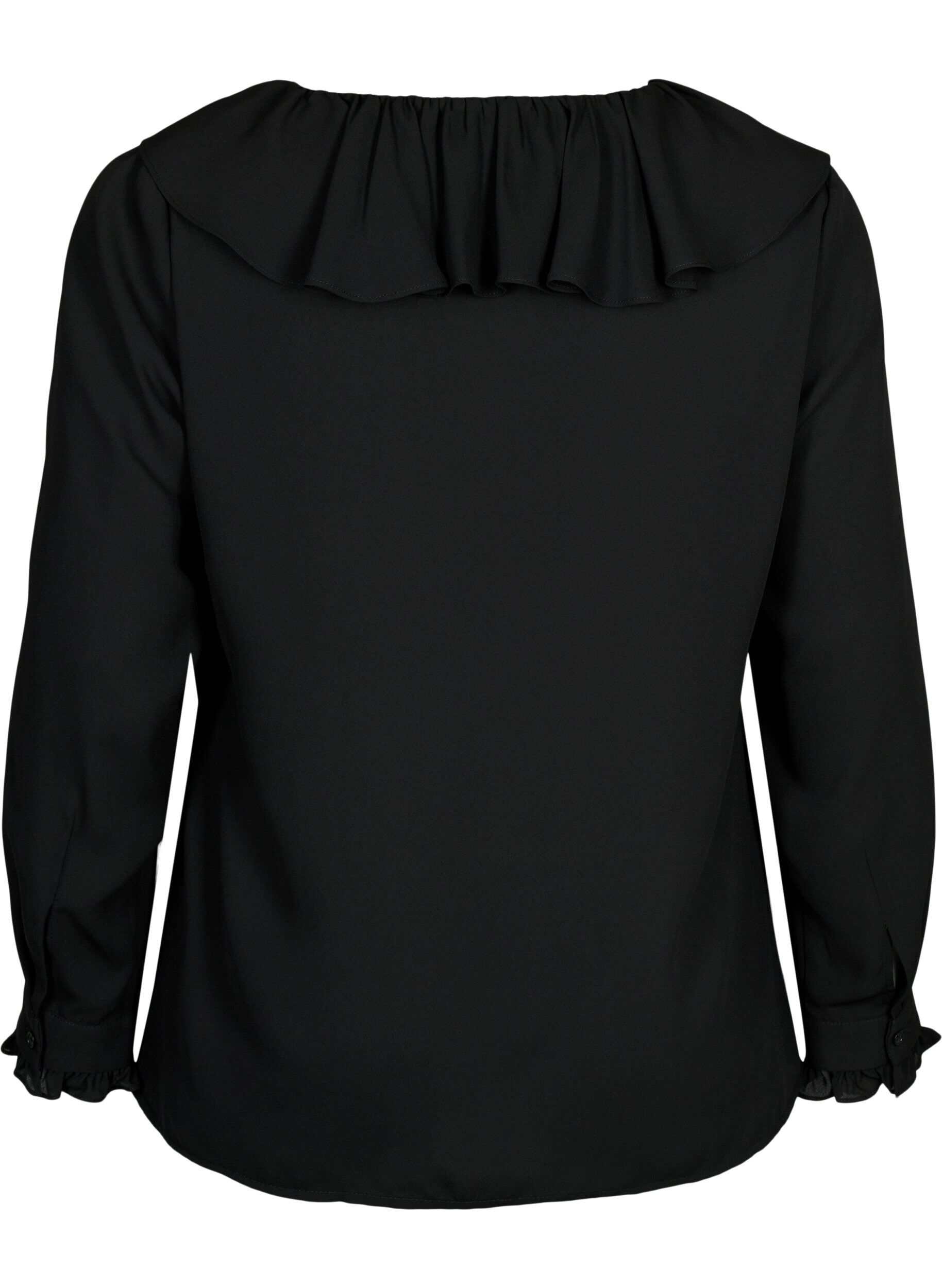 Zizzifashion Long sleeve ruffle blouse, Black, Packshot image number 1
