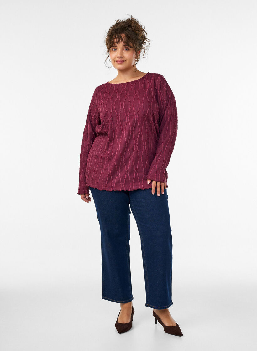 Jersey blouse with a wavy texture, Red, Model image number 1