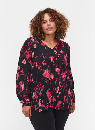 Long-sleeved, printed viscose blouse, Black Pink AOP, Model image number 0