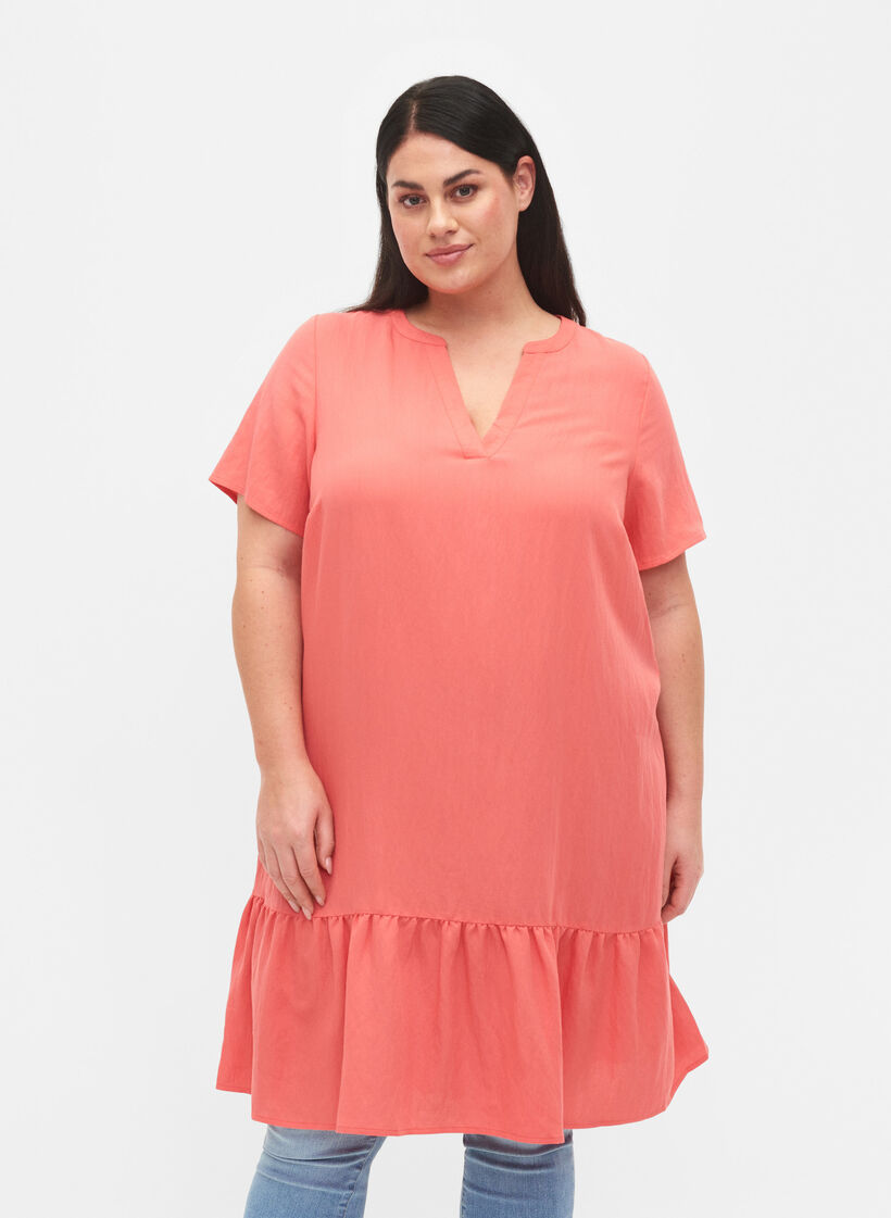 Short-sleeved viscose dress with v-neckline, Coral, Model image number 0