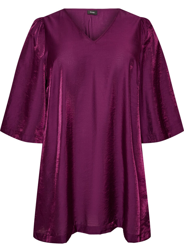Shiny tunic with a V-neck and 3/4 sleeves, Purple, Packshot image number 0
