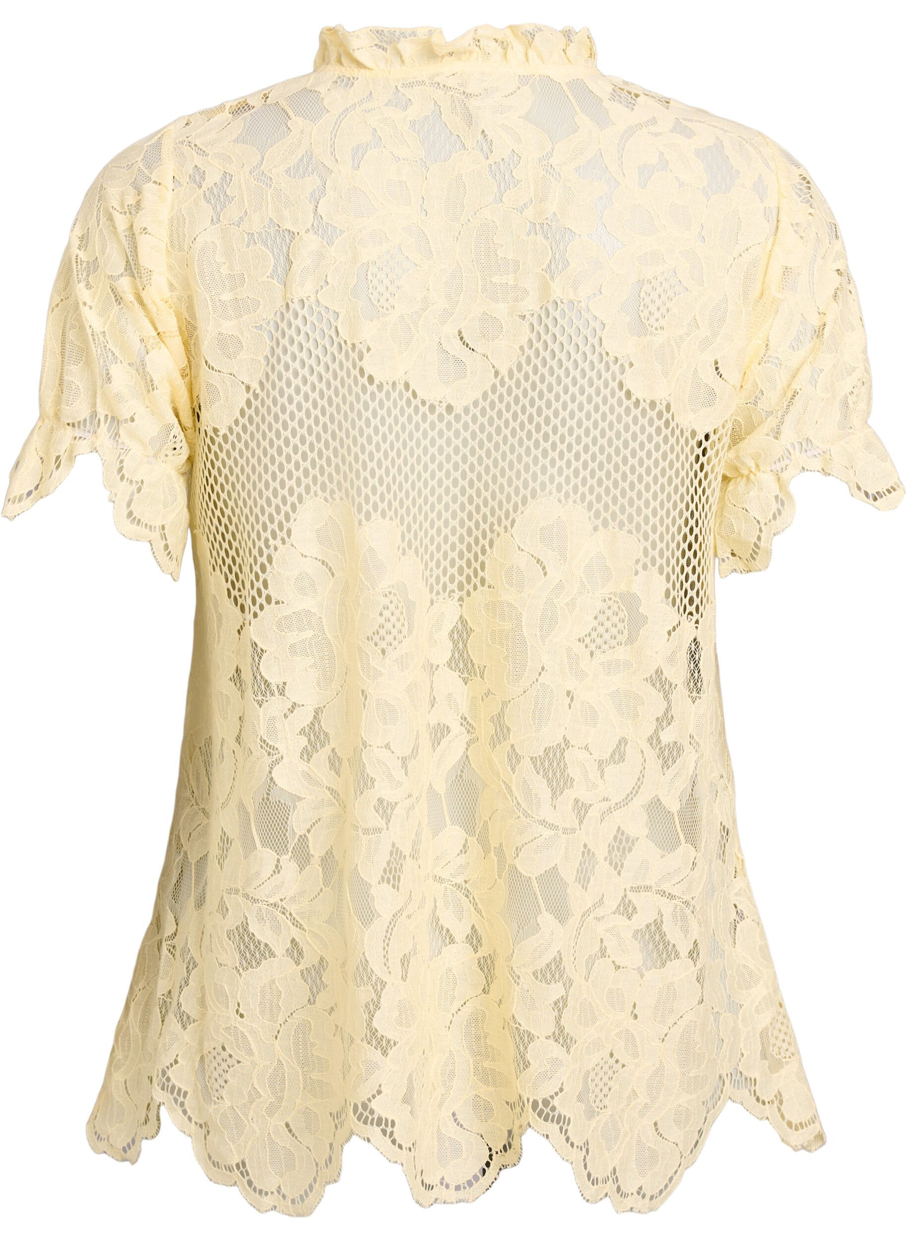 Zizzifashion Lace blouse with ruffle collar and short sleeves, Yellow, Packshot image number 1