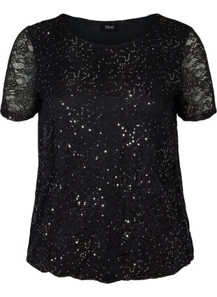 Short-sleeved lace blouse with sequins, Black, Packshot image number 0