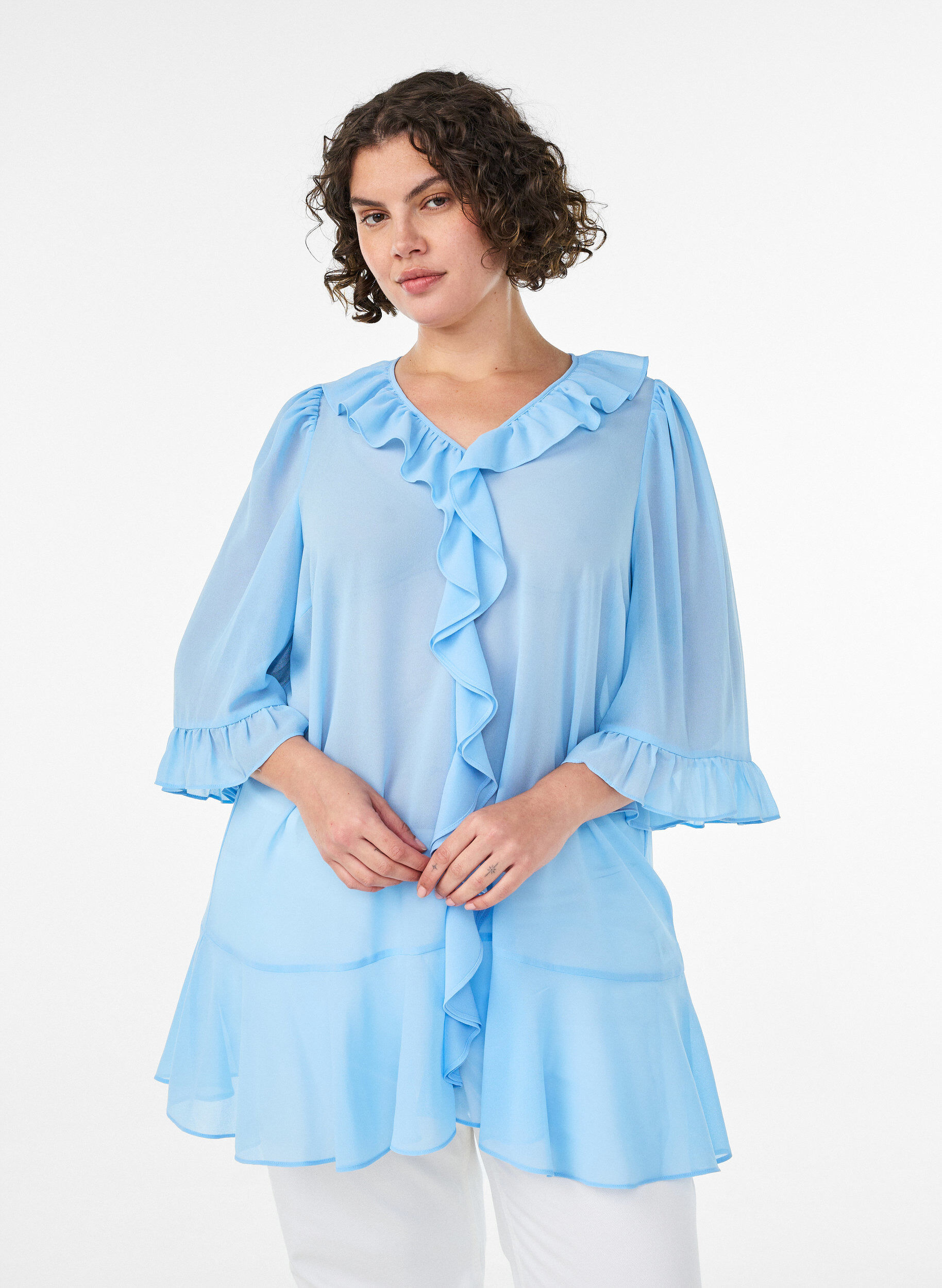 Zizzifashion Tunic with ruffles and 3/4 sleeves, Light Blue, Model image number 0