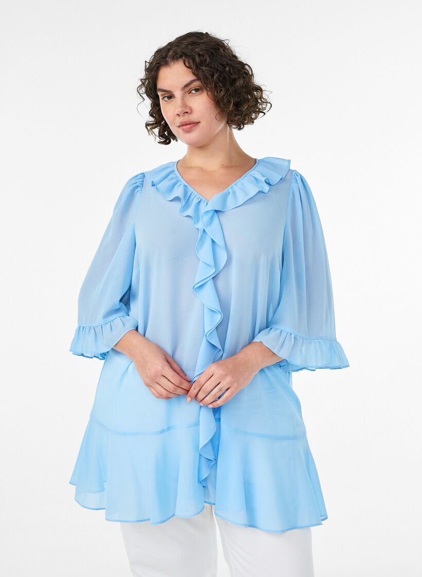 Tunic with ruffles and 3/4 sleeves, Light Blue, Model image number 0