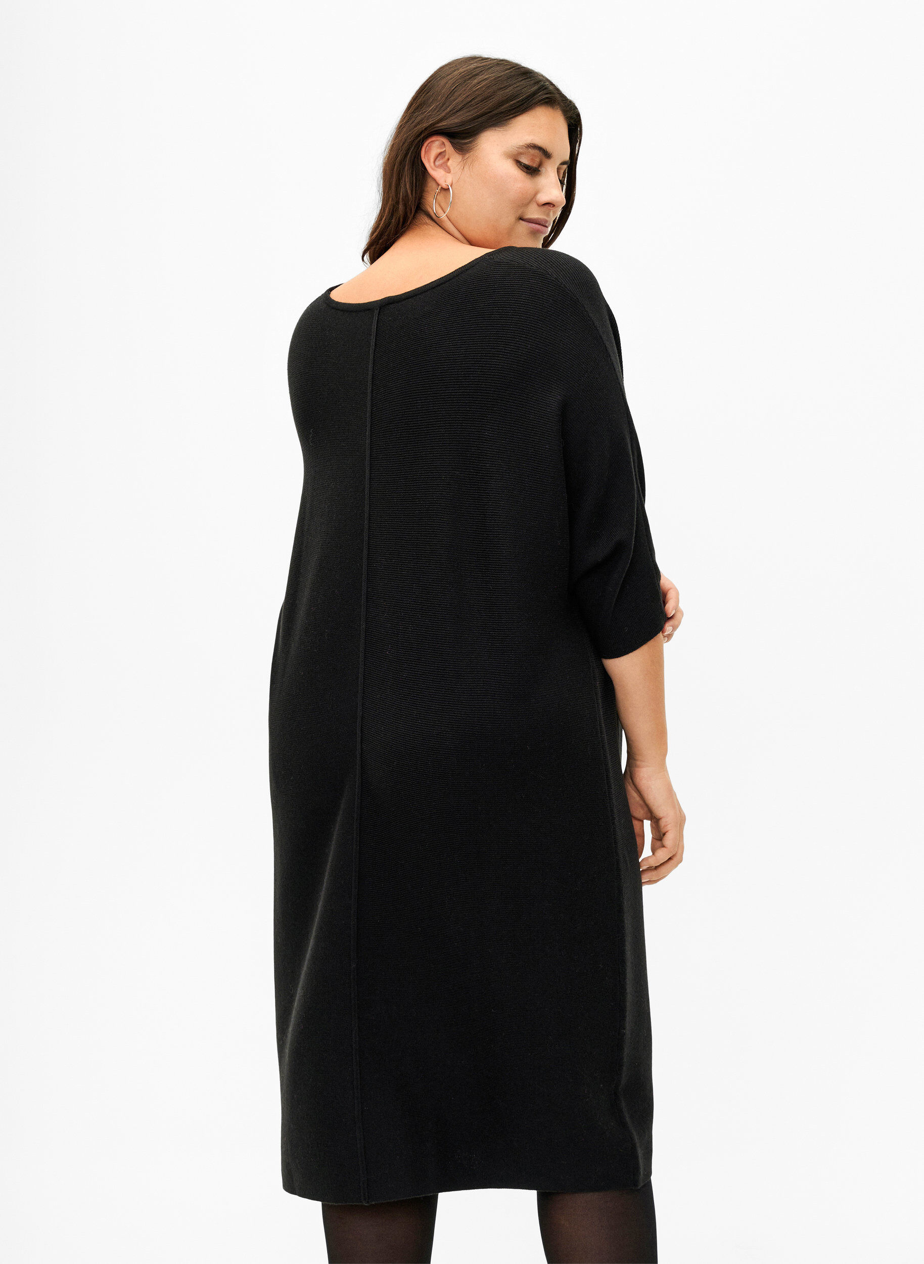 Zizzifashion Ribbed dress with 3/4 sleeves, Black, Model image number 1