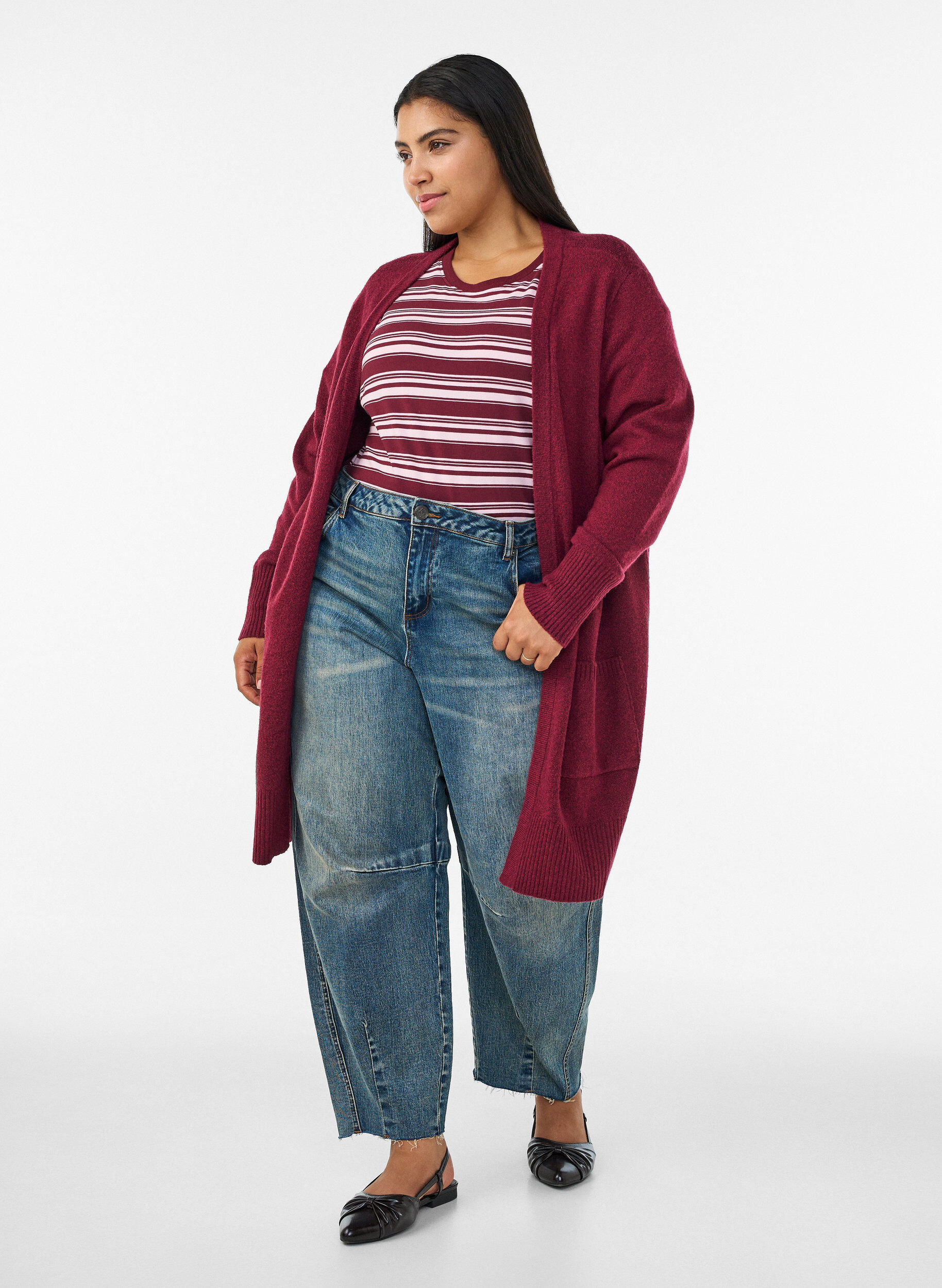 ZizzifashionRibbed Knit Cardigan with Pockets, Red, Model image number 1