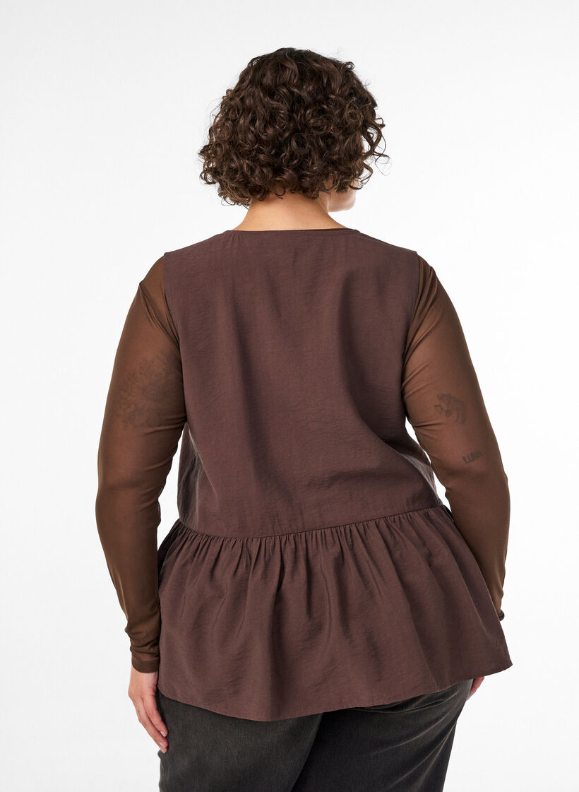 Sleeveless peplum blouse with decorative buttons, Brown, Model image number 2