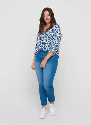 Floral viscose blouse with 3/4 sleeves, Blue Flower AOP, Model image number 2