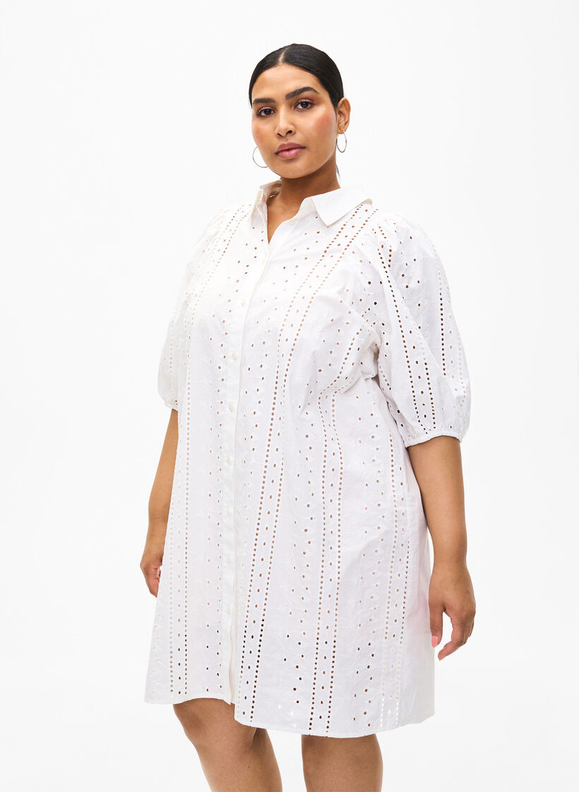 Cotton shirt dress with broderie anglaise, Off White, Model image number 0