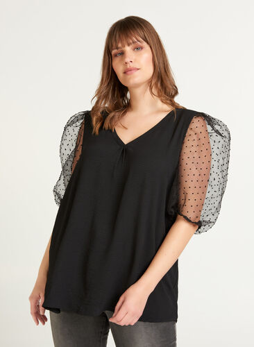 Blouse with transparent puff sleeves, Black, Model image number 0