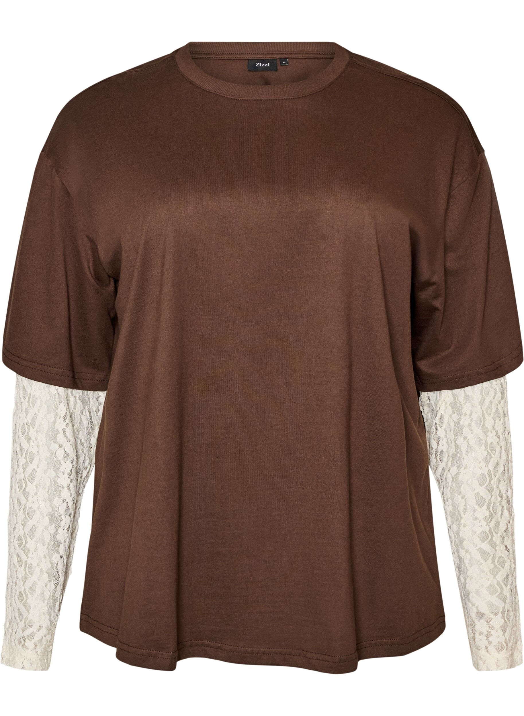 ZizzifashionLoose t-shirt with long lace sleeves, Brown, Packshot image number 0