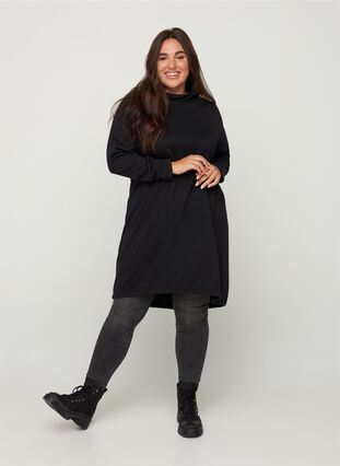 Sweater dress with a high neck and tie detail, Black, Model image number 2