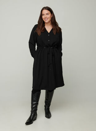 Long blazer with buttons and a belt, Black, Model image number 2