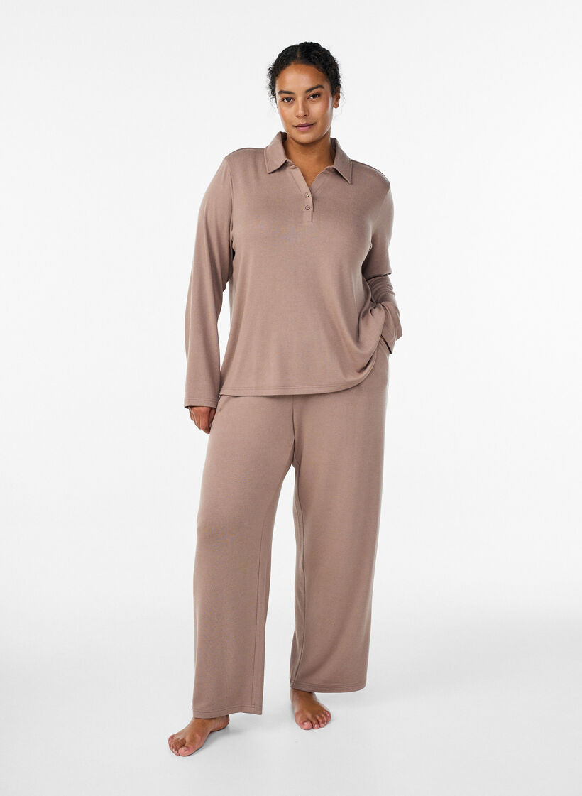 High-waisted straight fit jersey trousers, Brown, Model image number 0