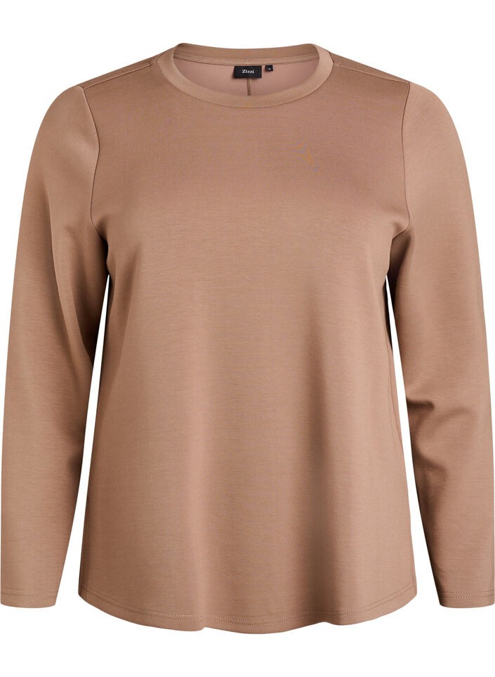 Jersey blouse with round neck, Brown, Packshot image number 0