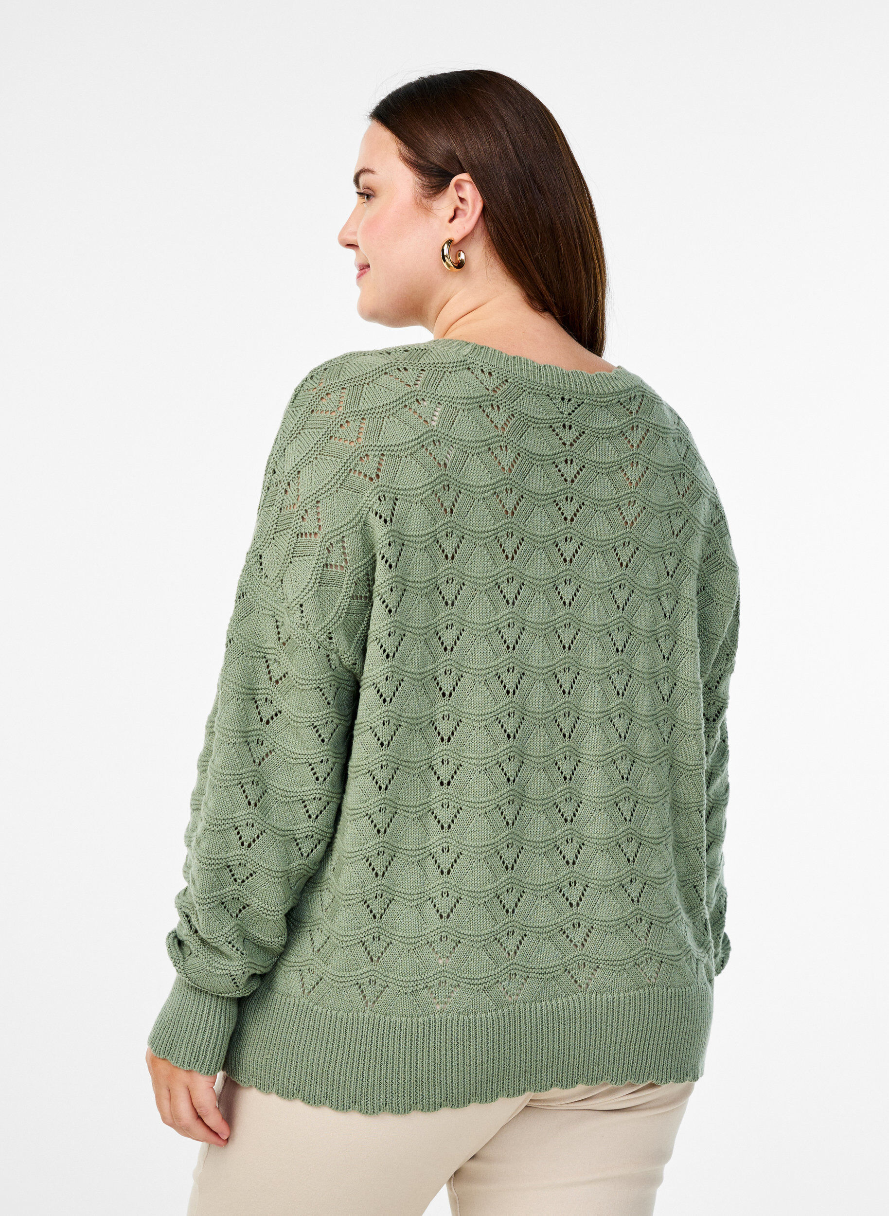 Zizzifashion Long-sleeved knit blouse with an openwork pattern, Green Bay, Model image number 1