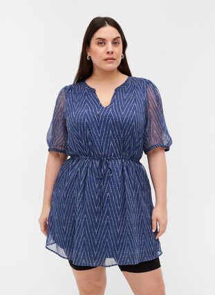 Printed tunic with an adjustable waist, Blue Indigo AOP, Model image number 0