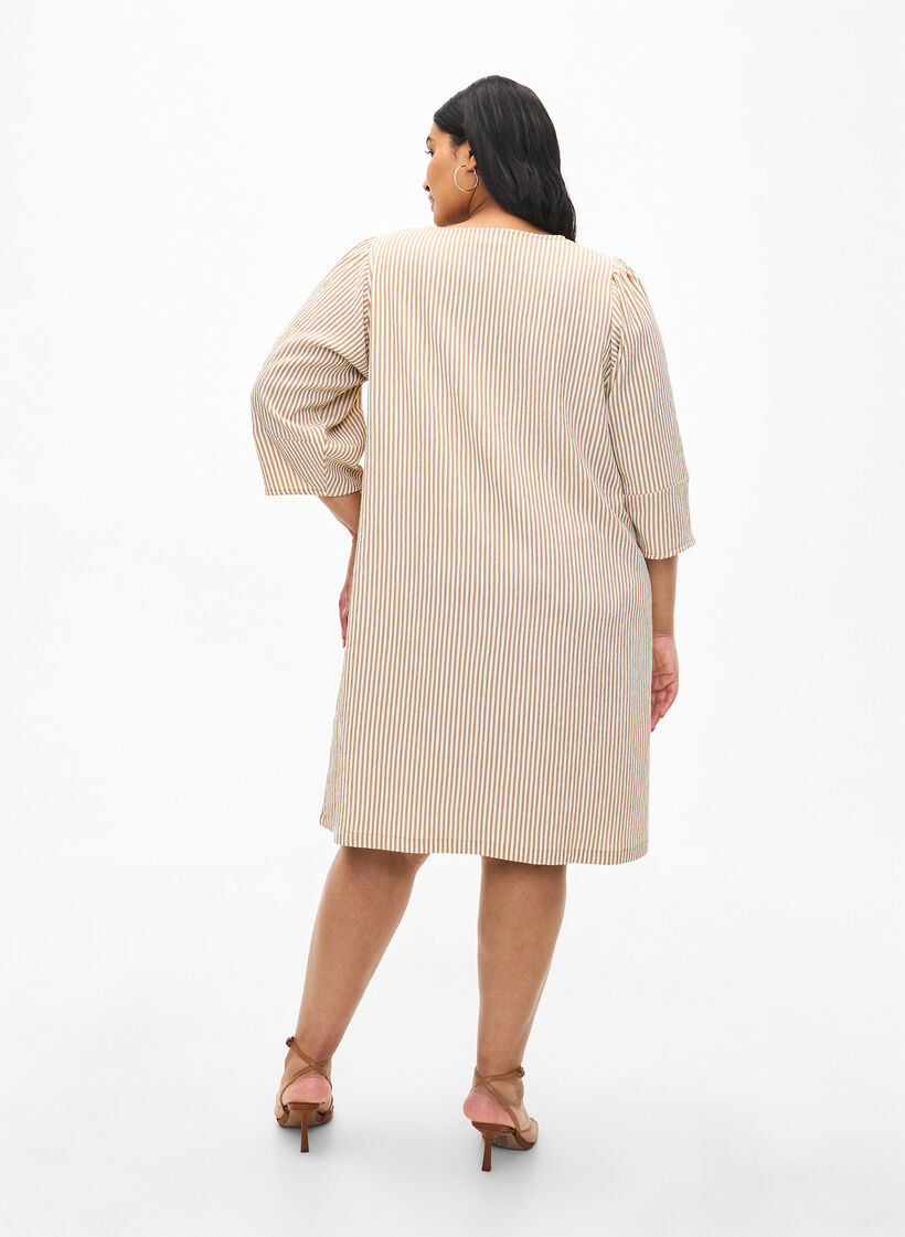 Striped dress with 3/4 sleeves, Camel Stripe, Model image number 1