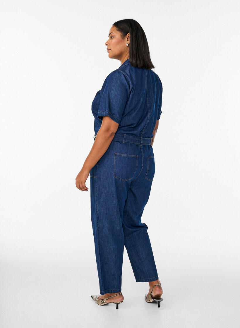 Denim jumpsuit with short sleeves and a tie belt, Blue, Model image number 1