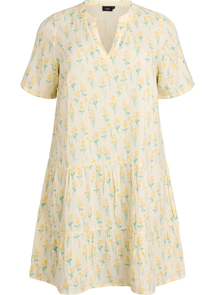 Short A-line dress in cotton muslin, Yellow, Packshot image number 0